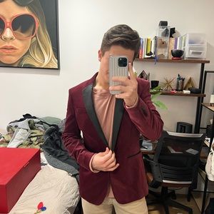Red velvet blazer with black accents